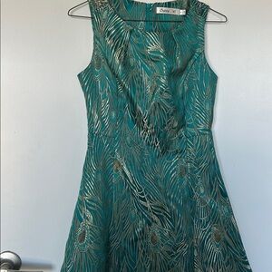 Sunny Girl Teal & Gold Peacock Jacquard Dress | Fit & Flare Party Dress | Size S